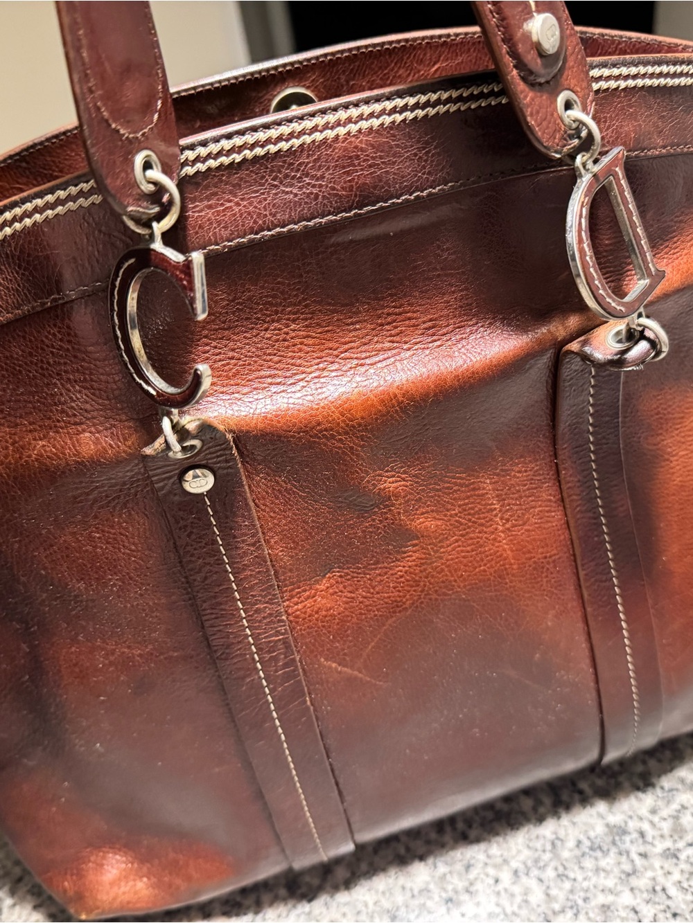 Dior Brown Leather Tote with Floral Embroidery - Picture 3 of 12